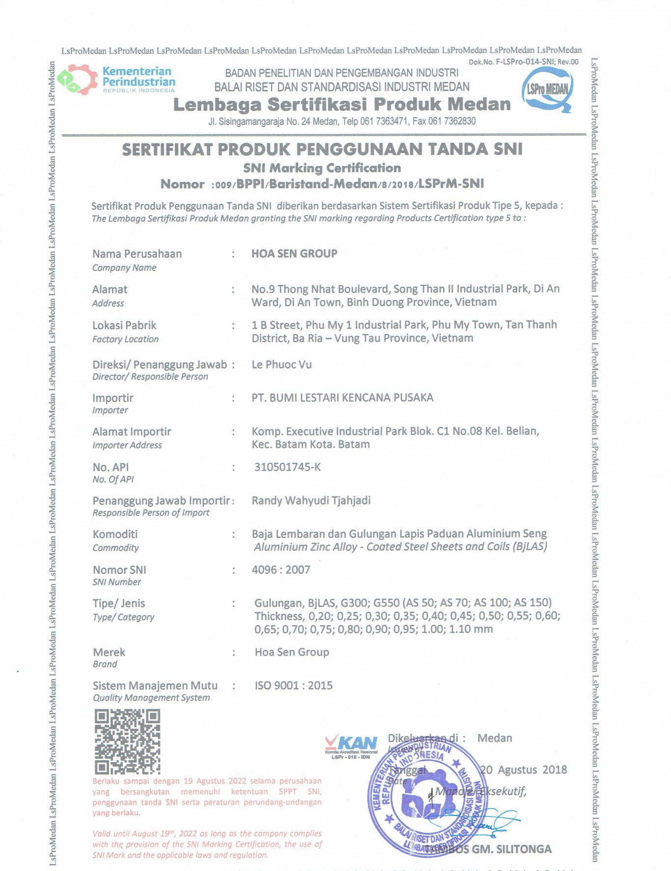 Sertifikasi SPPT SNI 4096 : 2007 Baja Lembaran dan Gulungan Lapis Paduan Alumunium Seng.