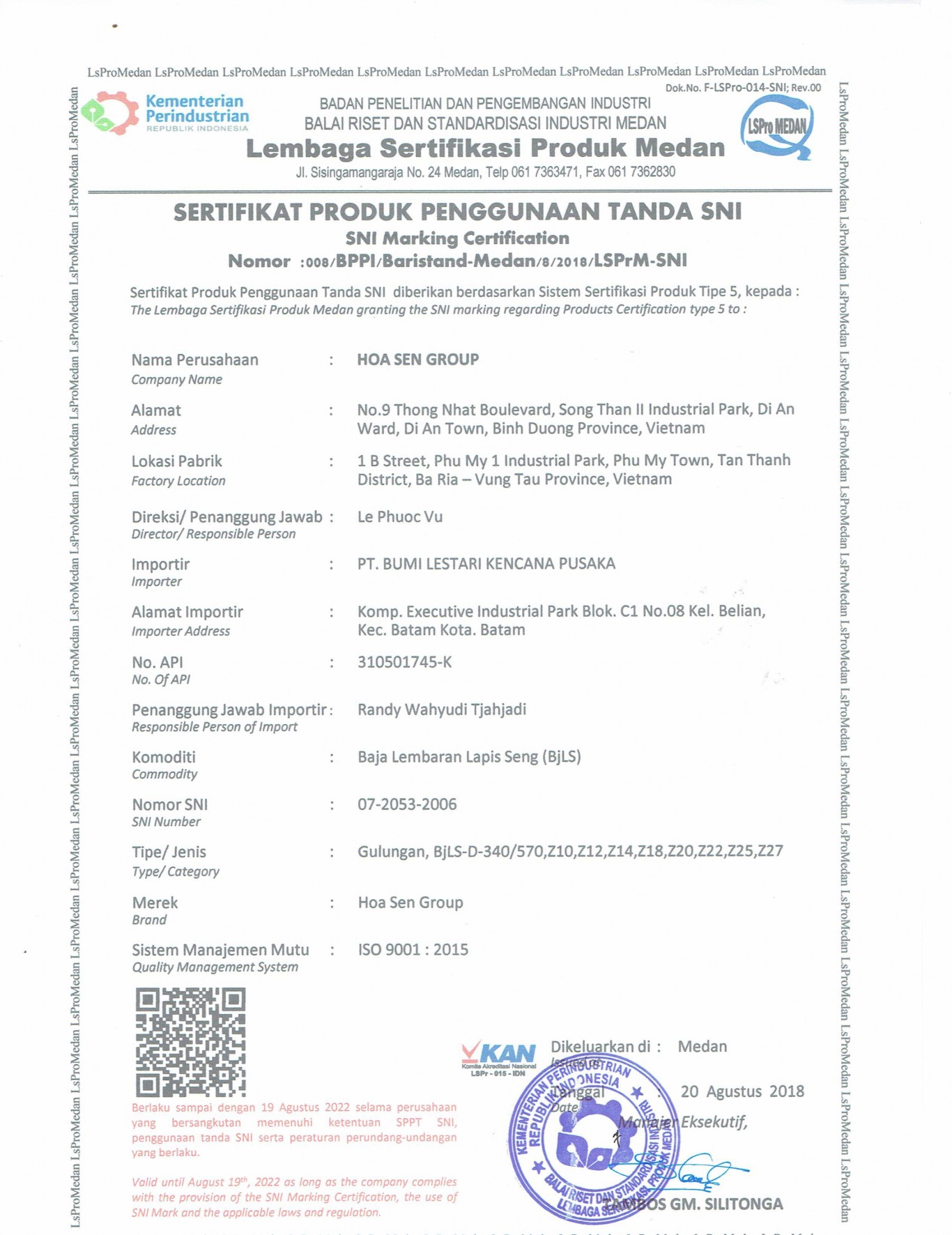 Sertifikasi SPPT SNI 07-2053-2006 Baja Lembaran Lapis Seng.