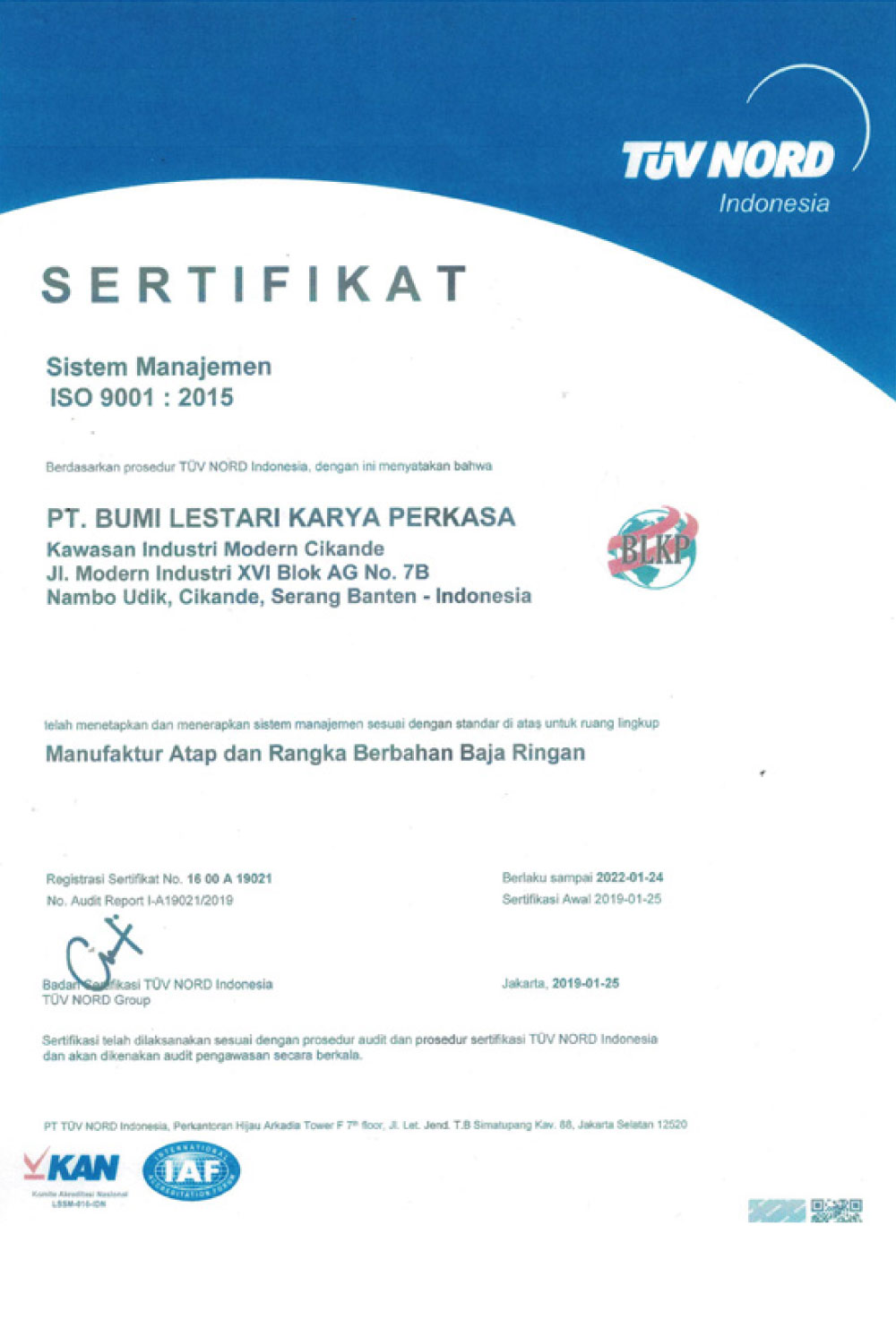 Sertifikat Manajemen ISO 9001 : 2015 PT. Bumi Lestari Karya Perkasa dari TUV NORD.
