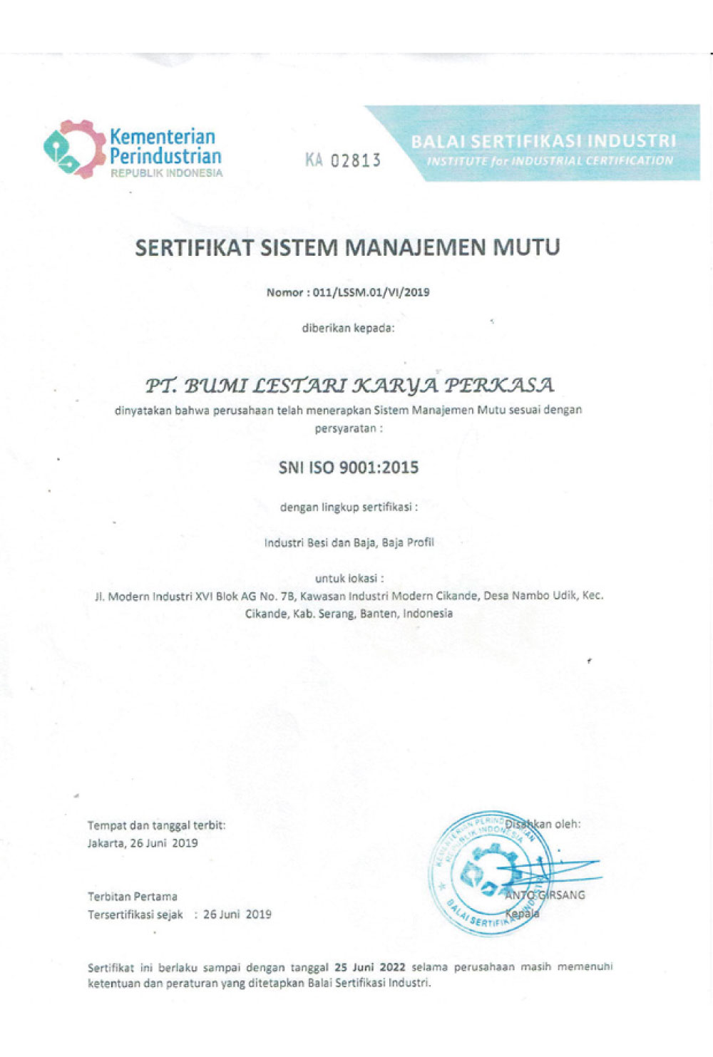 Sertifikat Sistem Manajemen Mutu ISO 9001 : 2015 PT. Bumi Lestari Kencana Pusaka dari BSI